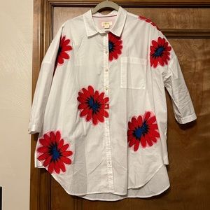 Anthropologie Maeve White Sequin Floral Button Down